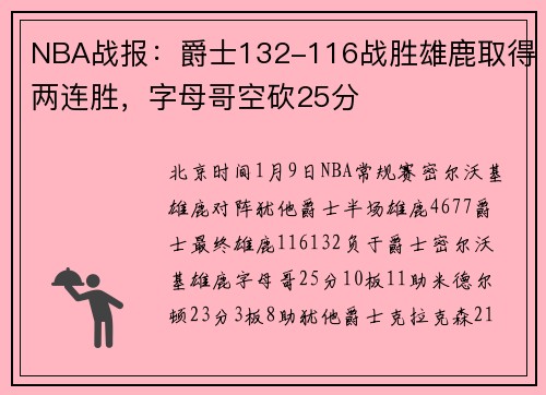 NBA战报：爵士132-116战胜雄鹿取得两连胜，字母哥空砍25分